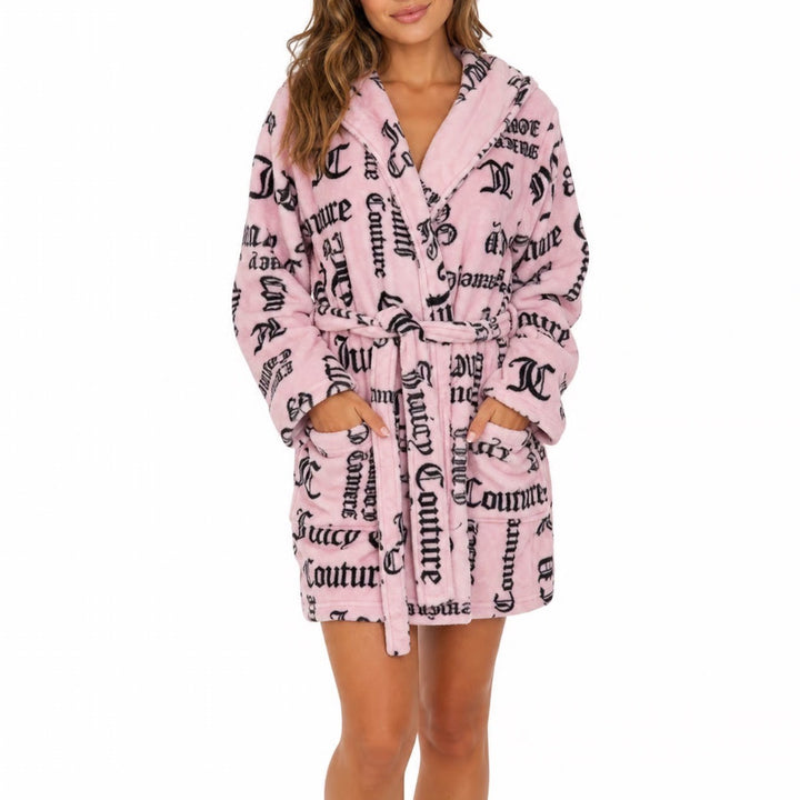 Juicy Couture Pink Gothic Script Logo Plush Hooded Robe S/M Loungewear