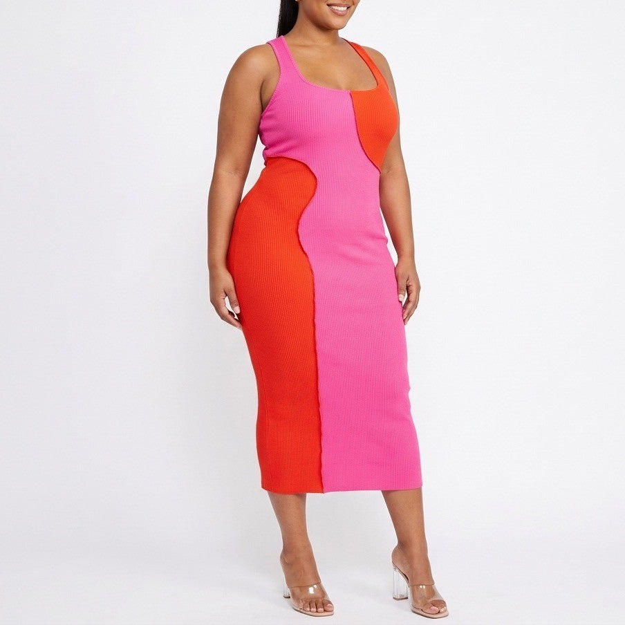 Naked Wardrobe Pink Red Colorblock Ribbed Midi Bodycon Dress Large