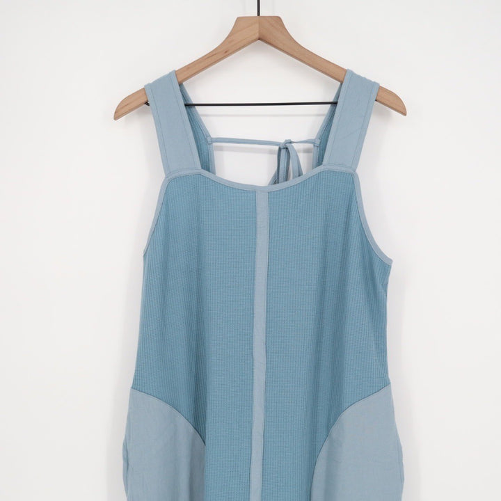 WIHOLL Blue Waffle Knit Jumpsuit Wide Leg Cropped Tie Back Size L
