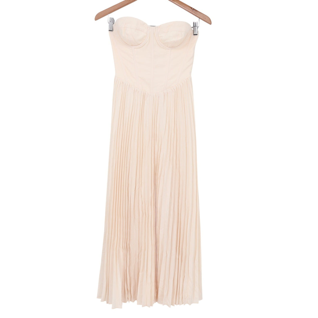 Showpo Loretta Midi Dress Cream Lace Up Back Bustier Pleated Strapless Size 4