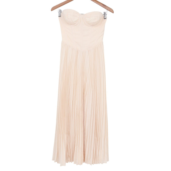 Showpo Loretta Midi Dress Cream Lace Up Back Bustier Pleated Strapless Size 4
