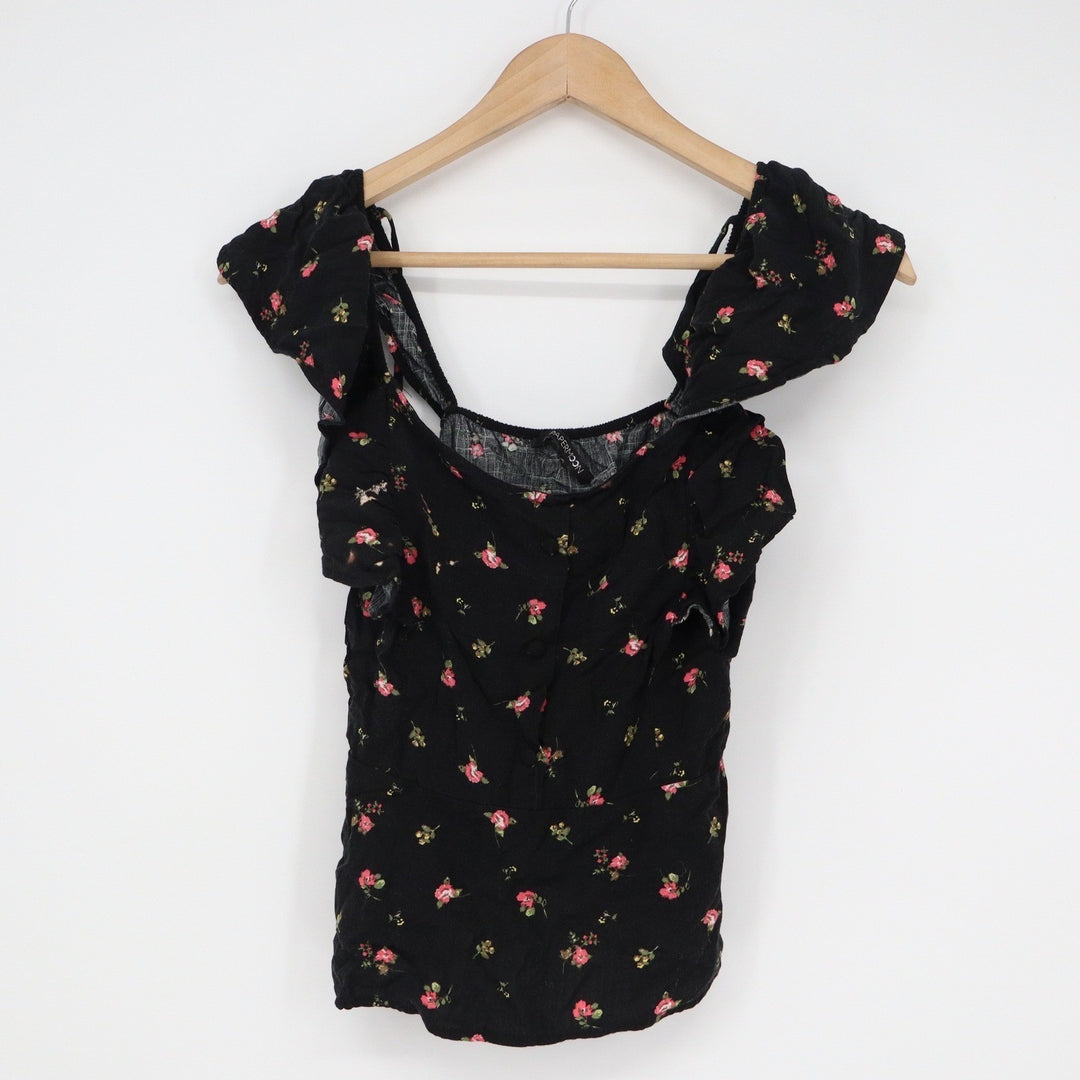 Papermoon Black Floral Ruffle Sleeve Button Front Tie Back Blouse Small