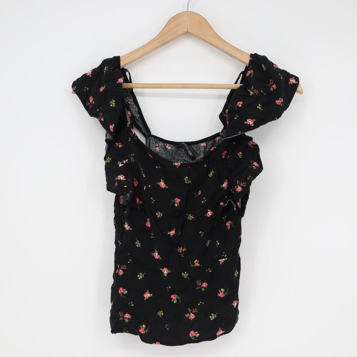 Papermoon Black Floral Ruffle Sleeve Button Front Tie Back Blouse Small