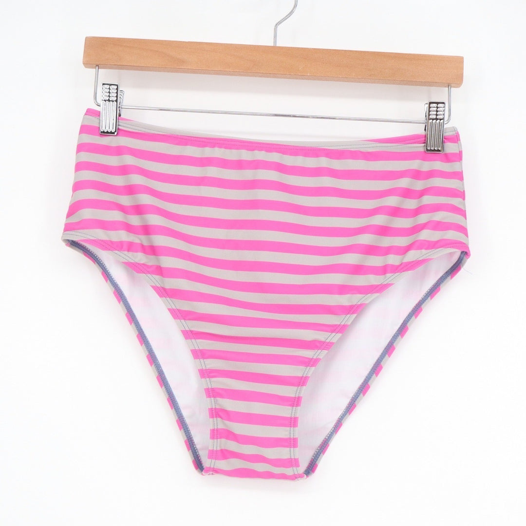 Womens Pink Grey Striped High Waisted Bikini Bottoms Size Large Full Coverage