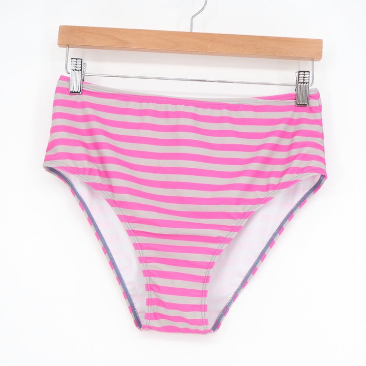 Womens Pink Grey Striped High Waisted Bikini Bottoms Size Large Full Coverage