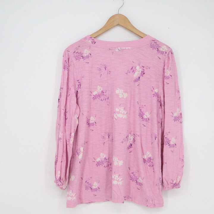 Style & Co Womens Pink Floral V-Neck Pintuck Long Sleeve Blouse Top Size L