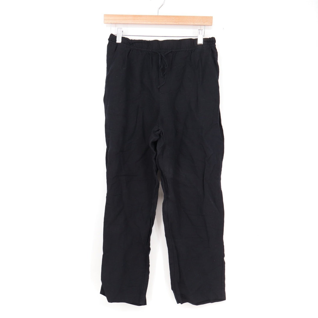 H&M Black Linen Blend Drawstring Elastic Waist Straight Leg Pants Small