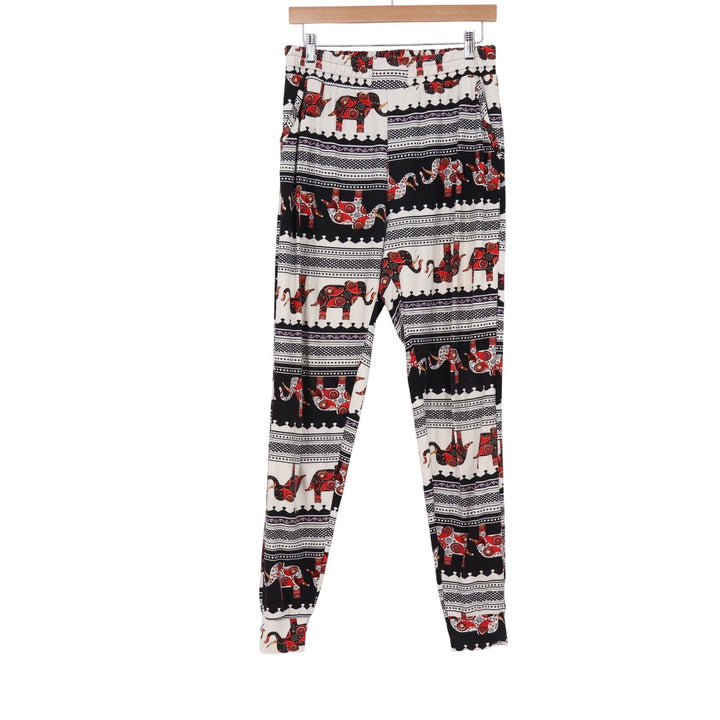 Elephant Print Boho Jogger Pants Red Black White Tribal Harem Yoga Trousers M