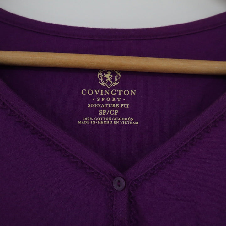Covington Sport Womens Purple Cotton Henley Short Sleeve V-Neck Top SP