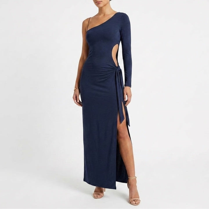 Naked Wardrobe Navy One Shoulder Maxi Dress Small Long Sleeve Side Slit