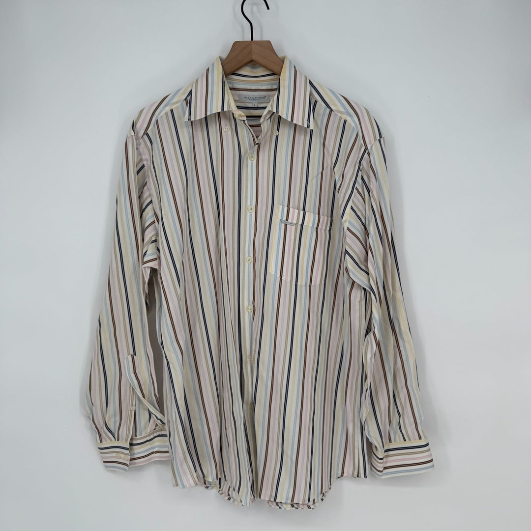 Alex Cannon Shirt Mens Large Multicolor Vertical Stripes Pleated Button Down