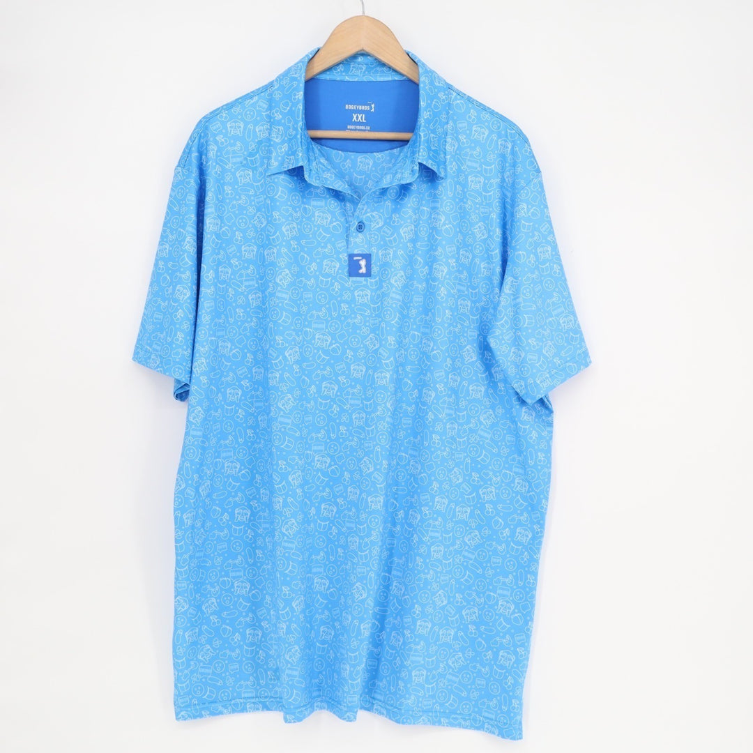 Bogeybros Polo Shirt Mens 2XL Blue Printed Stretch Short Sleeve Golf Tennis