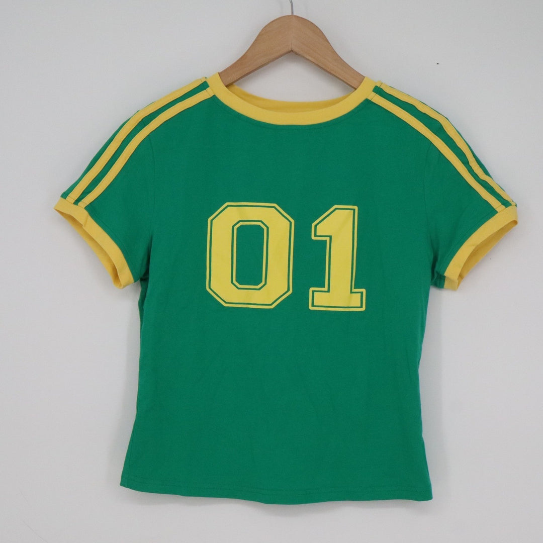 Green Yellow Ringer Tee 01 Graphic Short Sleeve Sporty Baby Tee Medium