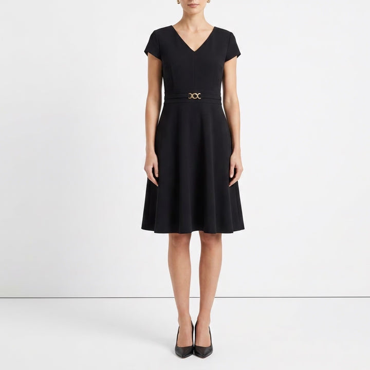 Tahari Arthur S. Levine Black V-Neck Cap Sleeve Fit Flare Dress Gold Accent 16