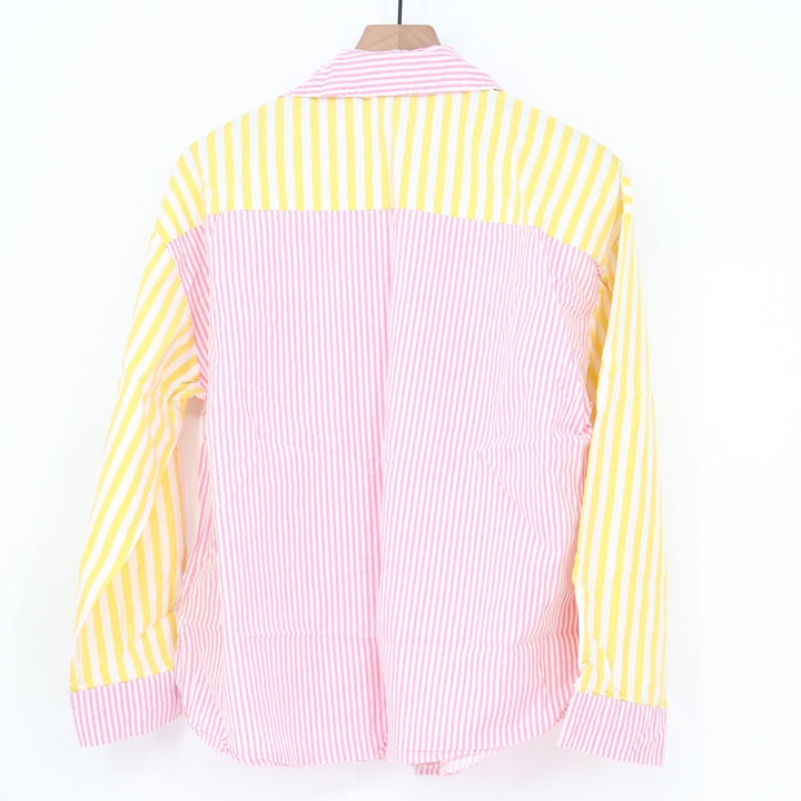 Pink Yellow Striped Colorblock Cotton Button Down Shirt Large