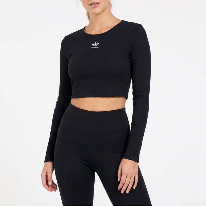 Adidas Originals Womens ESS Crop LS Ribbed Trefoil Top Black Size M