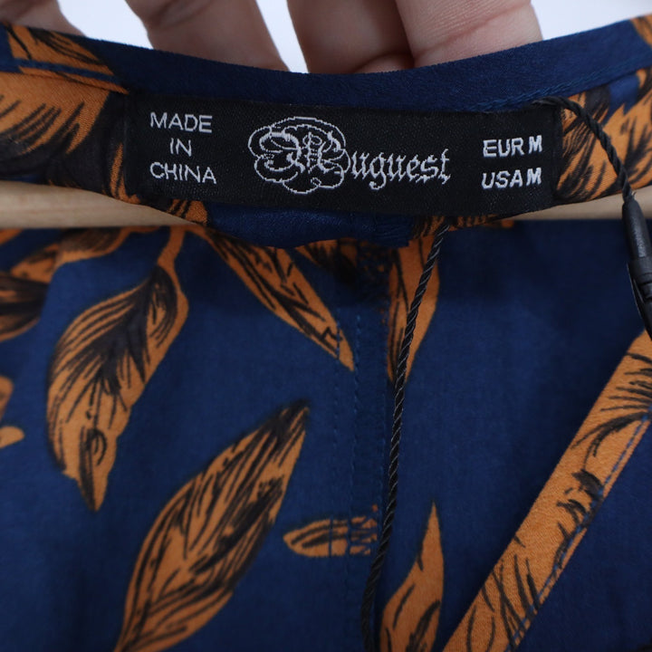 Huguest Navy Blue Burnt Orange Floral Wrap Mini Dress Long Sleeve Medium