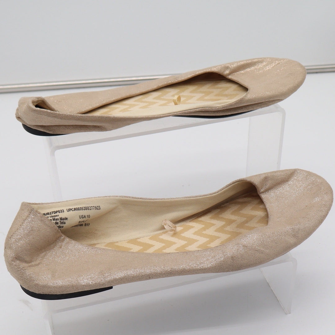 Champagne Gold Metallic Shimmer Ballet Flats Round Toe Slip On Womens Size 10