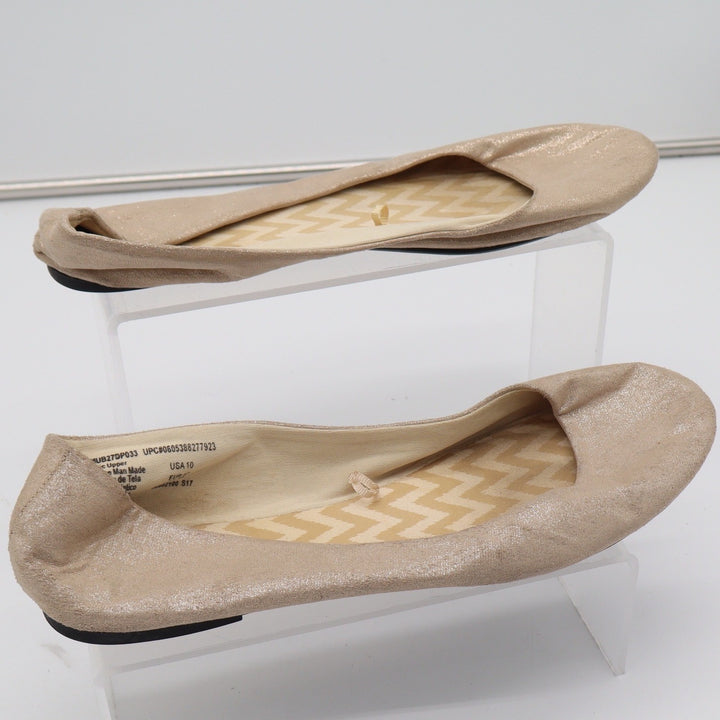 Champagne Gold Metallic Shimmer Ballet Flats Round Toe Slip On Womens Size 10