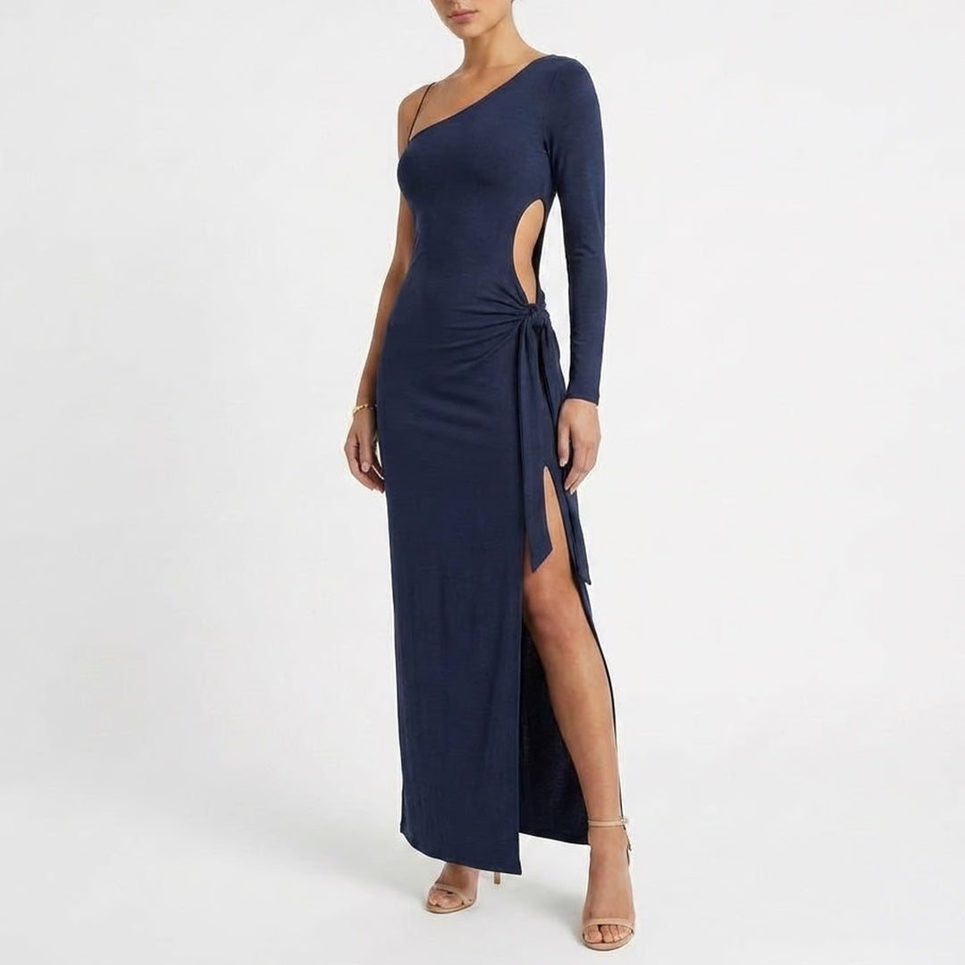 Naked Wardrobe Navy One Shoulder Side Tie Cutout Maxi Dress S