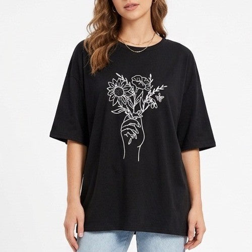 Shein T-Shirt Womens XL Black Stretch Hand Floral Print Crew Neck Short Sleeve