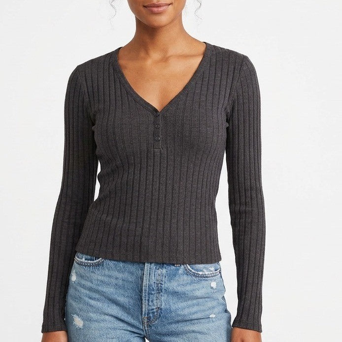 State of Day Intimates Pajama Top Women XS Deep Black Stretch Ribbed Henley Neck