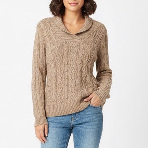 Jeanne Pierre Sweater Womens Medium Brown Cable Knit Cotton Shawl Collar Outdoor