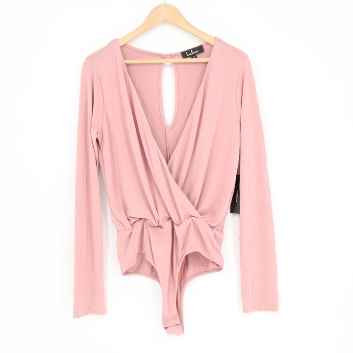 Lulus Striking Looks Bodysuit Women Medium Blush Pink Pleated V-Neck Long Sleeve