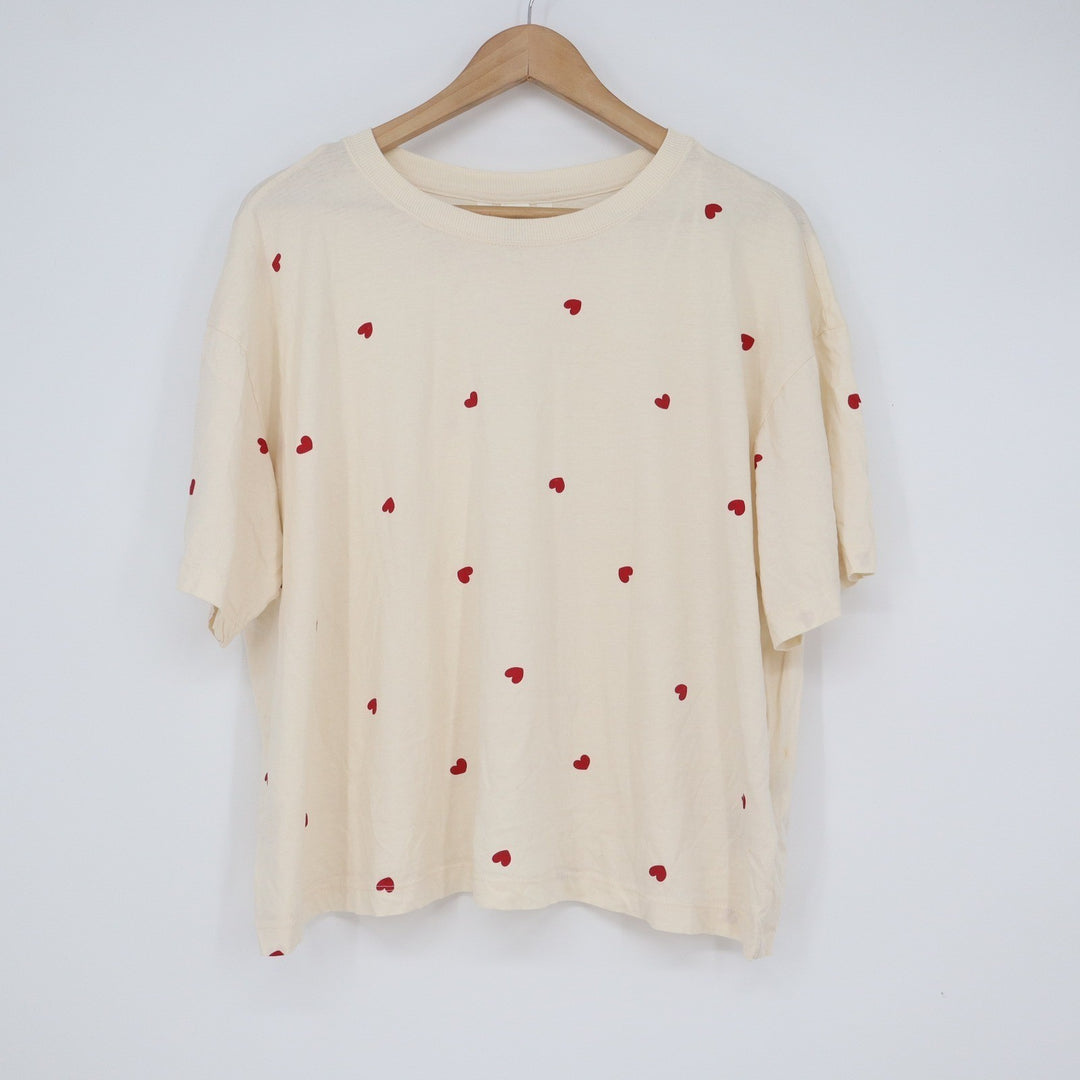 H&M Mama Maternity Cream Heart Print Oversized Cotton T-Shirt Size L