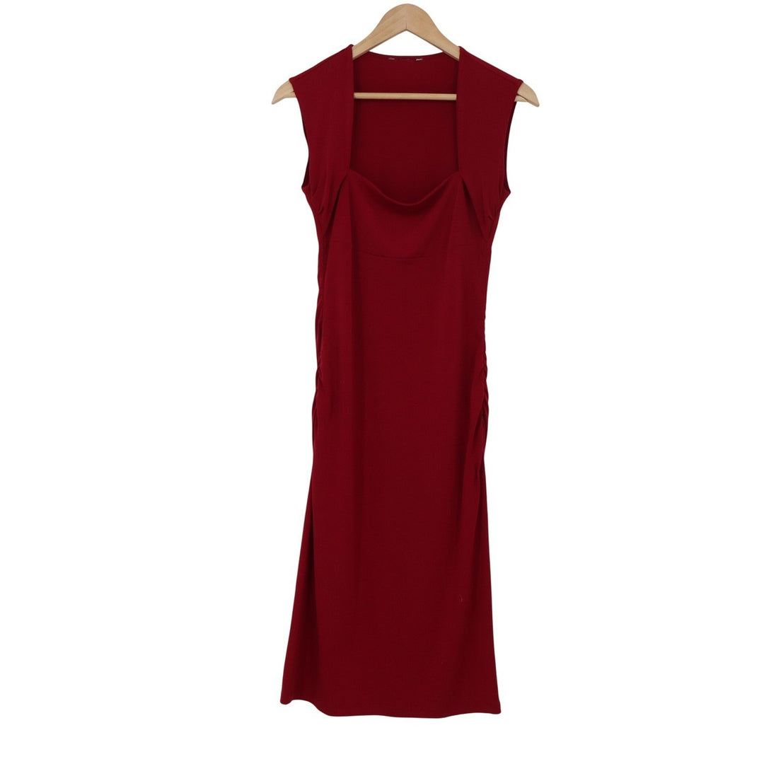 Sleeveless Ruched Midi Sheath Dress Burgundy Red Cowl Square Neck Size M