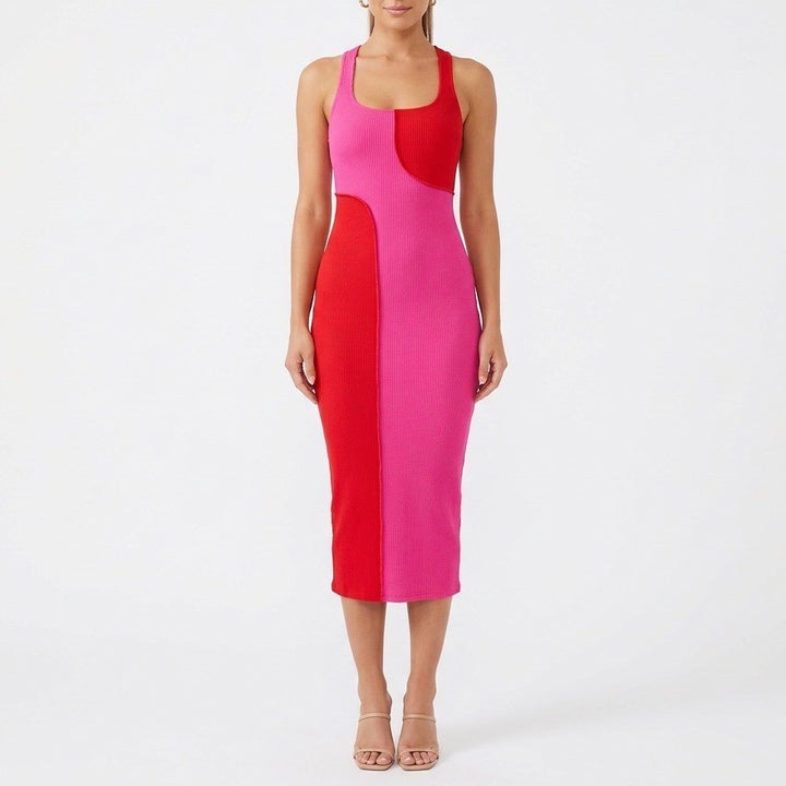 Naked Wardrobe Pink Red Colorblock Ribbed Midi Bodycon Dress Small