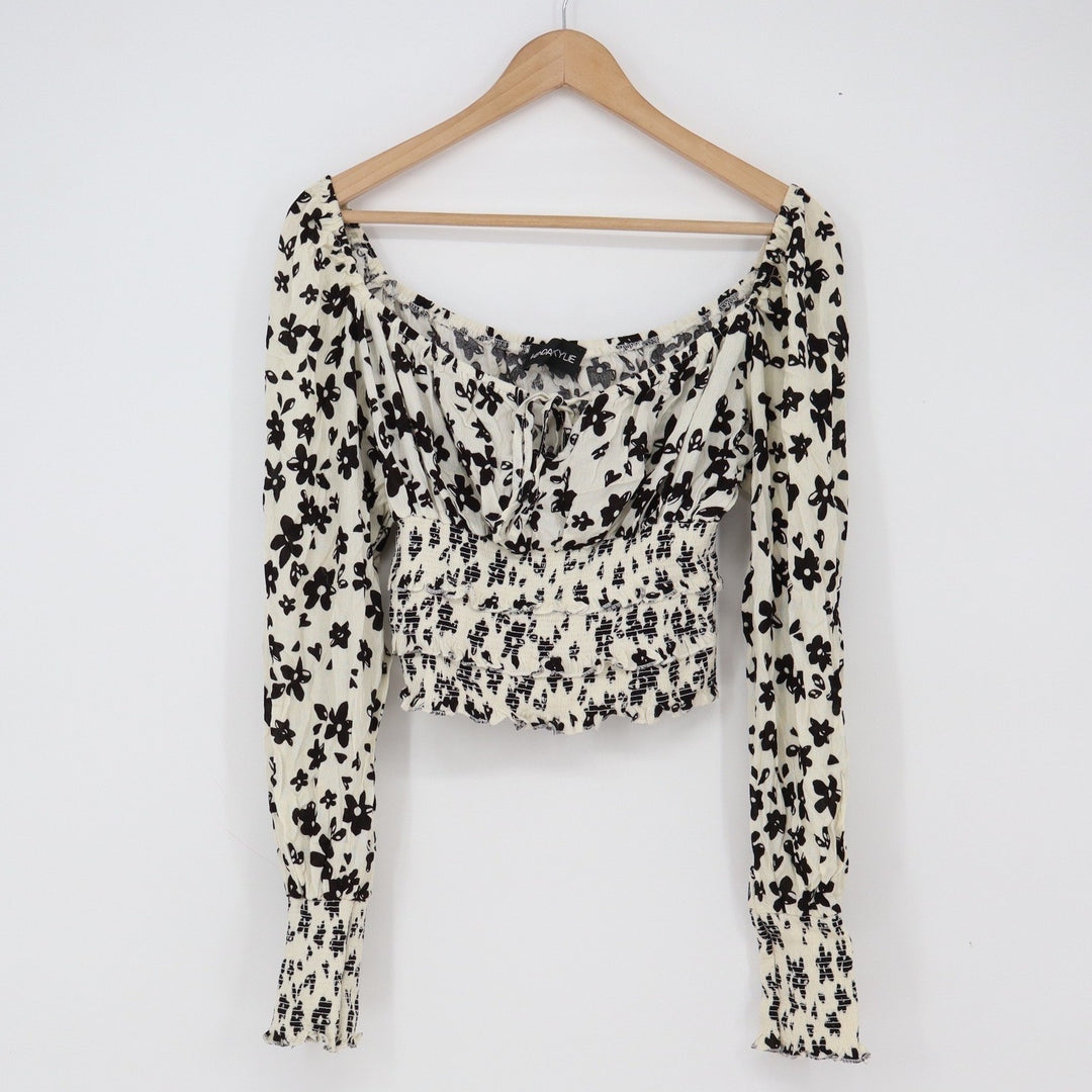 Kendall + Kylie Crop Top Womens N/A Floral Cream Black Smocked Waist Excellent