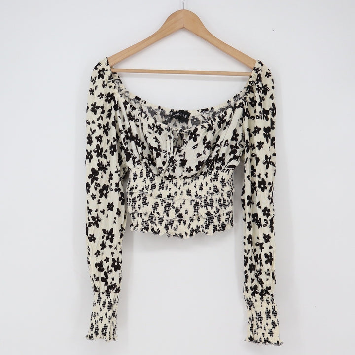Kendall + Kylie Crop Top Womens N/A Floral Cream Black Smocked Waist Excellent