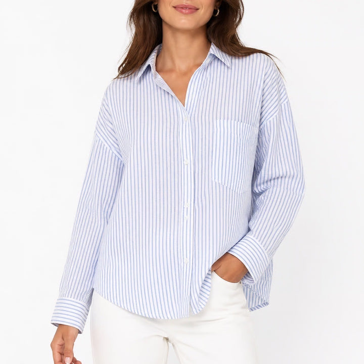 Zara Linen Button-Down Womens XS 4387/054/044 Blue White Striped Excellent