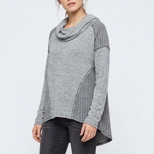 Sweet Claire Sweater Womens Heather Gray Ribbed Cowl Neck Long Sleeve Pullover