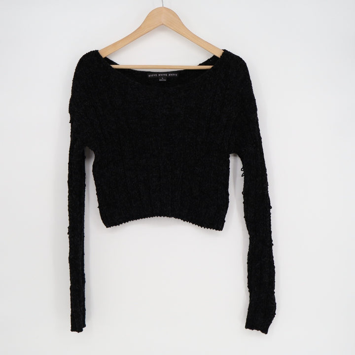 Hyfve Cropped Sweater Womens Large Black Long Sleeve Boat Neck Ribbed Knit Cozy