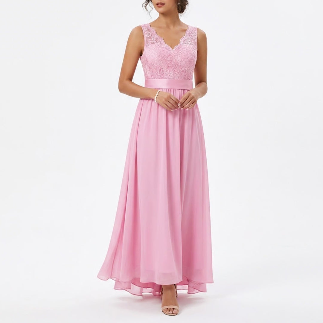 Azazie Gertrude Candy Pink Lace Chiffon V-Neck Maxi Bridesmaid Dress