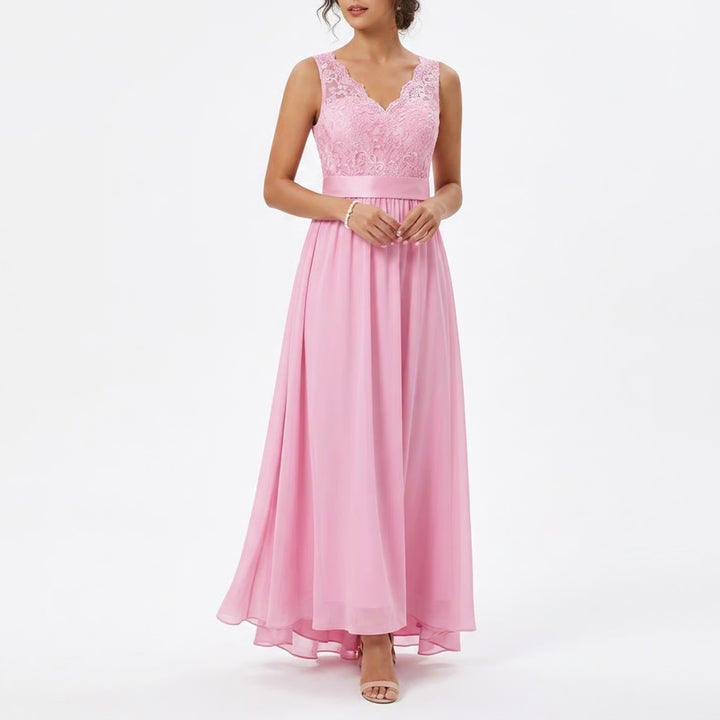 Azazie Gertrude Candy Pink Lace Chiffon V-Neck Maxi Bridesmaid Dress