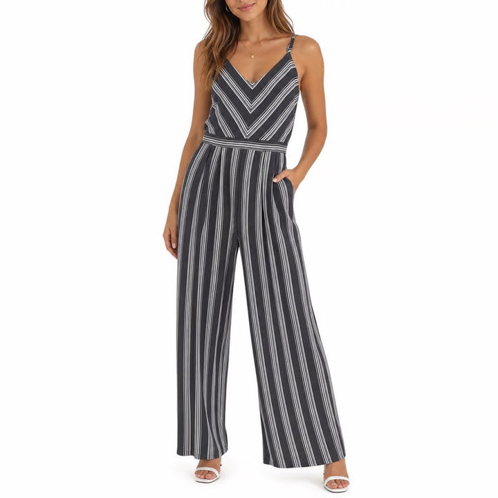Xhilaration Womens Large Navy Blue White Striped Wide Leg Jumpsuit V-Neck L