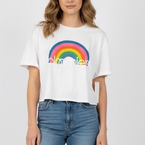 Bloomies Rainbow Graphic T-Shirt White Short Sleeve Top Made in USA Women's M
