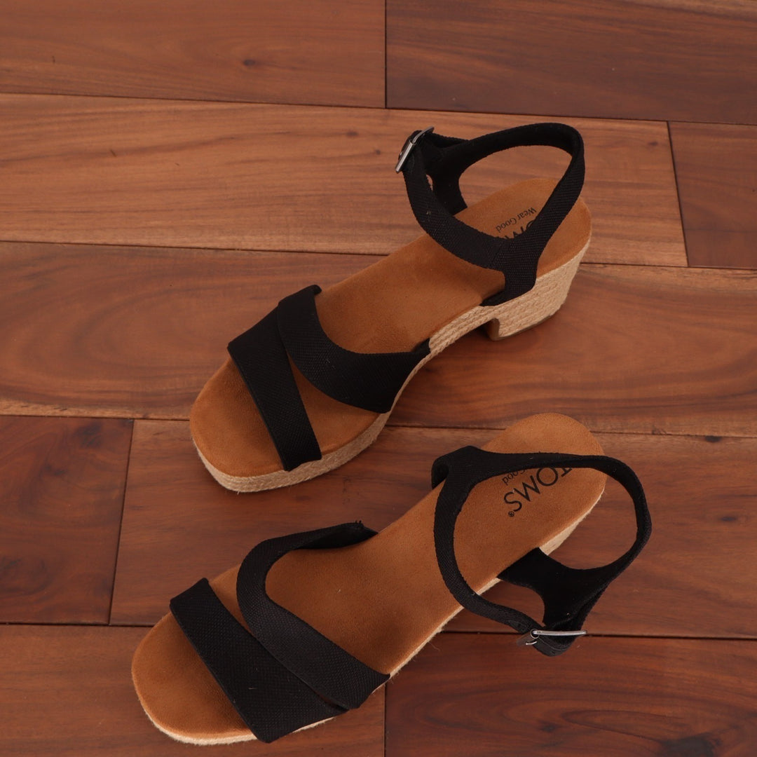 Toms Kiki Strappy Womens US 9 Black Ankle Strap Block Heel Espadrille Sandals