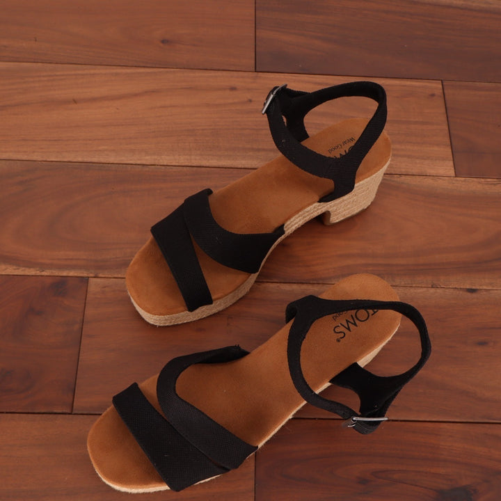 Toms Kiki Strappy Womens US 9 Black Ankle Strap Block Heel Espadrille Sandals