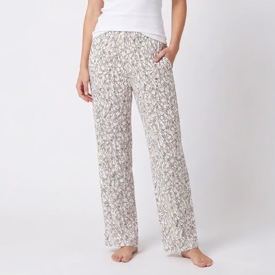 Soma Champagne Bottle Print Pajama Pants Cream Black Gold Medium Relaxed Lounge