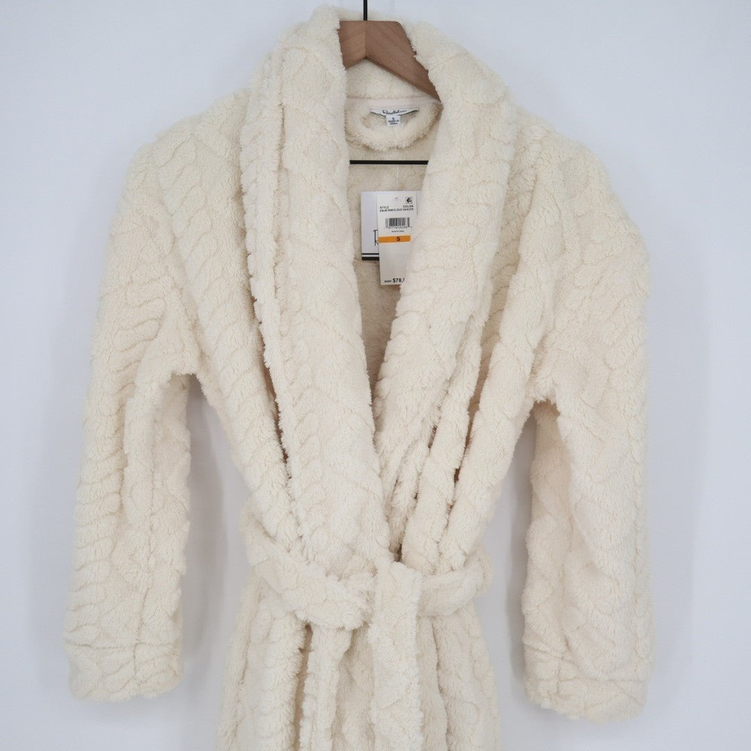 Linea Donatella Wrap Bathrobe Womens Small White Fleece Cable Knit Shawl Collar