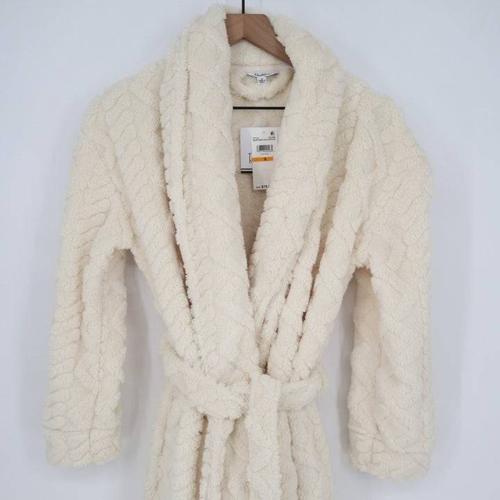 Linea Donatella Wrap Bathrobe Womens Small White Fleece Cable Knit Shawl Collar