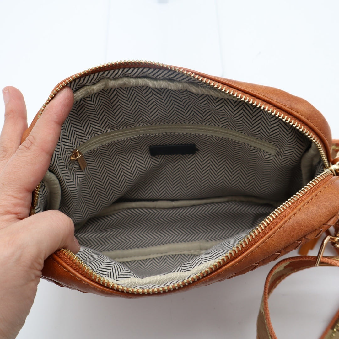 Womens Handbag Brown Woven Leather Tassel Adjustable Strap Crossbody Bag