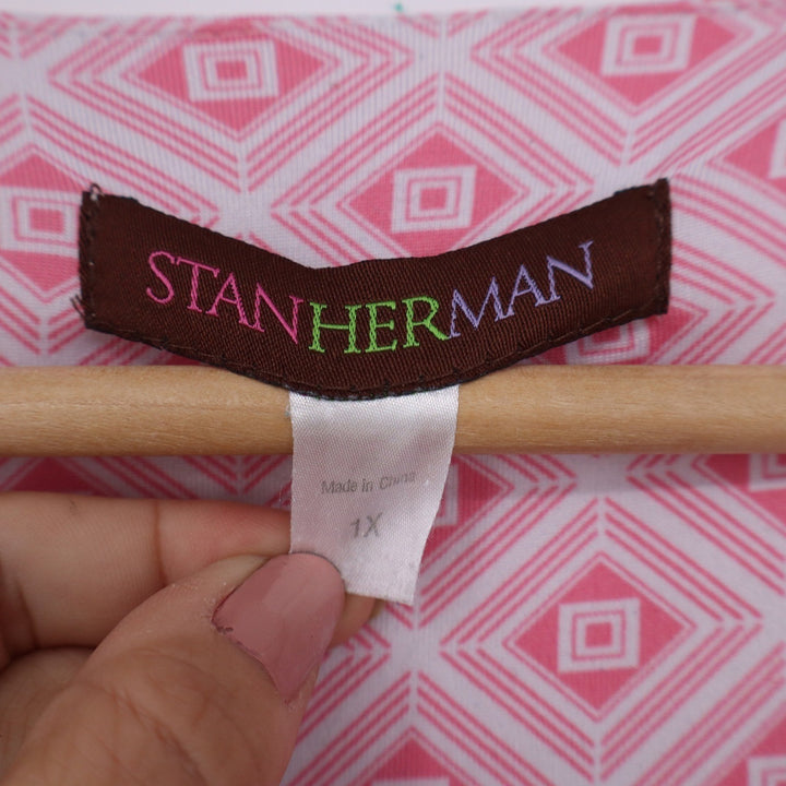 Stan Herman Pink Geometric Diamond Caftan Lounger Zip V-Neck 1X
