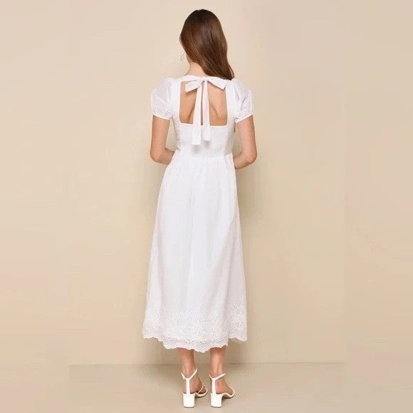 Lulus Stylish Merriment White Puff Sleeve Embroidered Midi Dress Size M