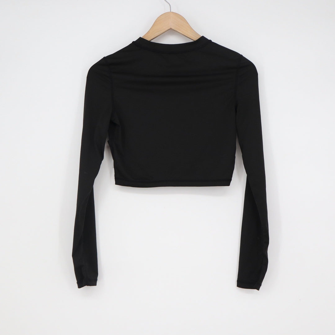 SHEIN Black Long Sleeve Athletic Crop Top Side Pocket Crew Neck Small