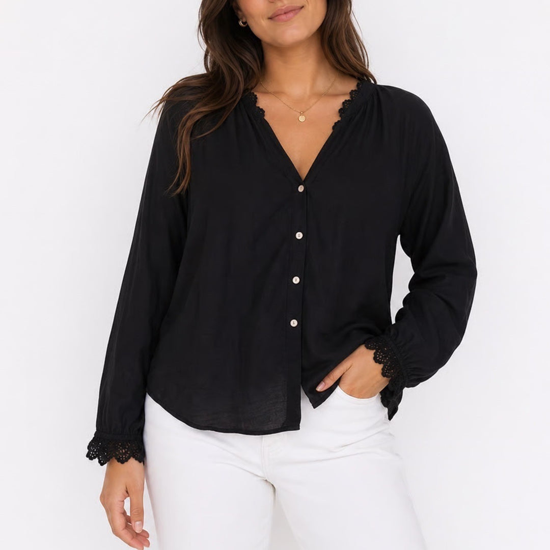 Old Navy Womens Black Eyelet Lace Trim Button Front Cotton Blouse Top Large